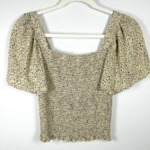 Japna Leopard Print Smocked Crop Top Square Neck Puff Flutter Sleeves Size M EUC